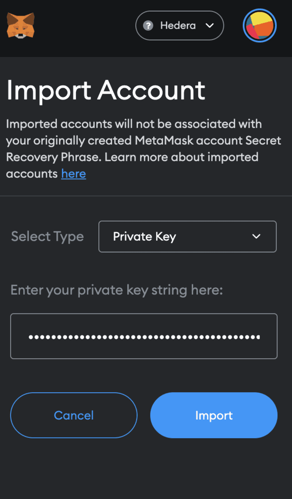 

<p>Use your private key to import your Hedera account into Metamask</p>
<p>“/><figcaption class=